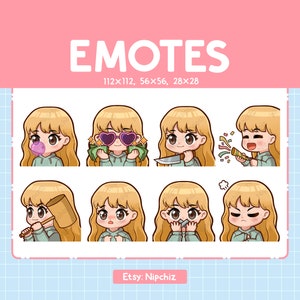 Chibi girl Emotes / Blonde Hair / Cute Emoji Pack | 8 Girl Emotes for Streaming |Brown Eyes Emote