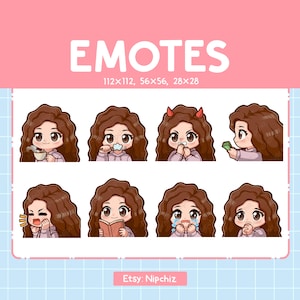Girl Emote Bundle / Brown Curly Hair Emotes for Streaming / 8 Cute Girl Emotes / Brown Eyes | Emoji Pack