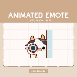 Animated Emote Chibi Curious Cow with Magnifying Glass is Examining from Behind the Wall - Adorable Chibi Emote - Kawaii Cartoon Emote