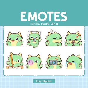 May include: A set of eight green dragon emotes with different expressions, including sleeping, playing a game, singing, studying, blowing a bubble, taking a photo, and crying. The emotes are 112x112, 56x56, and 28x28 pixels in size.