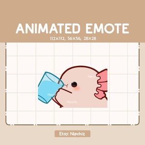 Animated Emote Chibi Axolotl Is Drinking a Glass Of Water - Cute Funny Emote - Ready to Use - Kawaii Emote