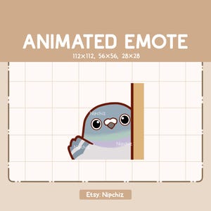 Emoticono animado: una paloma te saluda agitando la mano desde detrás de una pared. Emoticono lindo y kawaii. Listo para usar. Emoticono para transmisión.