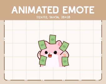 Könnte beinhalten: Ein rosa Katzen-Cartoon-Charakter, umgeben von grünen Geldscheinen. Der Text "ANIMATED EMOTE" mit Größenangaben ist zu sehen. Der Etsy-Shop-Name "Nipchiz" ist ebenfalls enthalten.
