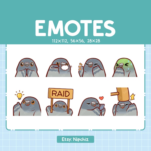 Pigeon Emotes 8 Pack / Chibi Pigeon Emotes pour Streamer / Kawaii Emoji Set