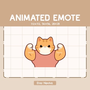 May include: Animated emote of a cartoon orange cat flexing its biceps. The cat is wearing a pink shirt and has a happy expression.