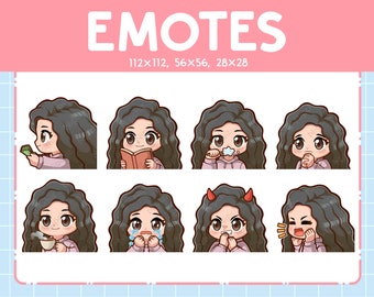 Paquete de 8 emoticones de linda chica con cabello negro rizado / Emoticones de chica chibi para transmisora / Conjunto de emoticones kawaii de ojos marrones