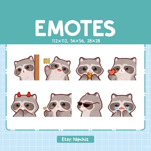 Lot de 8 émoticônes raton laveur / émoticônes raton laveur Chibi pour streamer / lot d'emoji kawaii