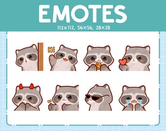 Raccoon Emotes 8 Pack / Chibi Raccoon Emotes for Streamer / Kawaii Emoji Set