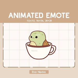 May include: Animated emote of a green turtle with brown shell sitting in a white coffee cup with brown rim. The turtle has a small, brown nose and black eyes. The text "Nipchiz" is written in black on the turtle's shell and on the cup.