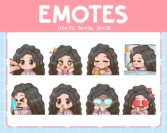 Emoticones de chica kawaii (8) / Cabello negro rizado / Emoticones lindos para streamer / Ojos marrones / Paquete de emojis de chica chibi