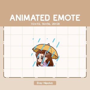 Animated Emote Girl Long Straight Brown Hair is Holding an Umbrella while it is Raining / Cartoon Emote for Streaming / Ready to Use