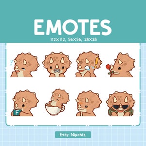 Triceratops Emotes for Streaming | Kawaii Animal Emoji | (8) Cute Dinosaur Emote Pack