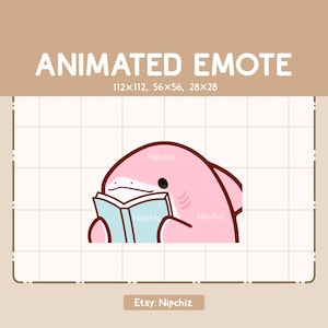 Emote animée Requin rose adorable en train de lire un livre / Emote mignon dessin animé / Emote Chibi pour streamer / Emote dessin animé Kawaii