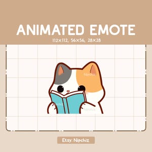 Animated Emote Adorable Calico Cat is Reading a Book - Cartoon Emote - Funny Emote for Streaming - Ready to Use