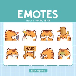 Kawaii Tiger Emotes (8) – Słodkie emotikony dla streamerów – Pakiet Chibi Tiger Emoji