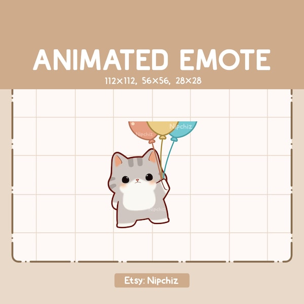 Gesto animado: gato atigrado gris chibi sostiene un montón de globos de colores y vuela / Gesto adorable / Gesto de dibujos animados chibi