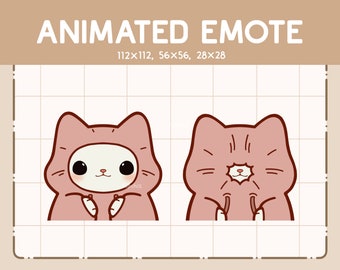 Pode incluir: Emoticon de gato animado com um moletom com capuz rosa, disponível nos tamanhos 112x112, 56x56 e 28x28 pixels. O gato é mostrado em duas poses, uma com o rosto visível e a outra com o rosto escondido atrás do capuz.