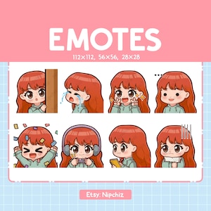 Cute Girl Emotes (8) | Red Hair | Brown Eyes, Emoji for streaming, Kawaii Emote Pack