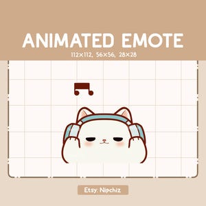 Animated Emote Adorable Chubby White Cat Wearing Headphone - Cute Cartoon Emote - Ready to Use – Chibi Emote for Streaming