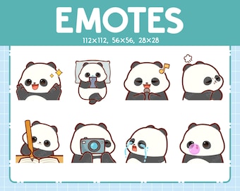 May include: Nine panda bear emoticons in various poses, including sleeping, singing, taking a selfie, and studying. The emoticons are in black and white with pink accents. The text "EMOTES" is at the top of the image, and the text "Etsy: Nipchiz" is at the bottom.