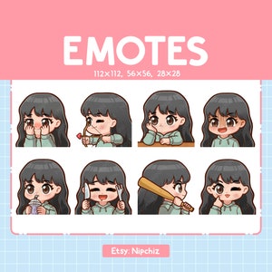 Kawaii Girl Emotes (8) / Black Hair / Cute Emotes for Streamer / Brown Eyes/ Chibi Girl Emoji Bundle