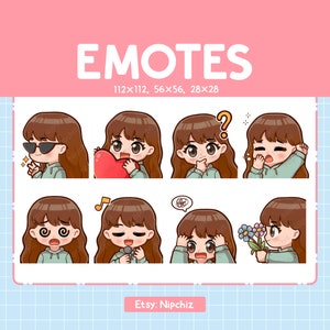 Emoticones de chica chibi kawaii / 8 lindos emotes para streaming / Cabello castaño / Ojos castaños