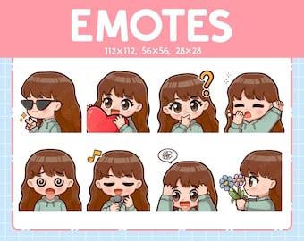 Emotes Kawaii Chibi Girl / 8 Emotes fofos para streaming / Cabelo castanho / Olhos castanhos
