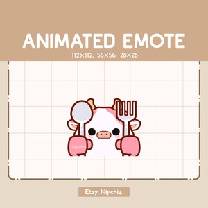Könnte beinhalten: Eine Illustration einer rosa und weißen Cartoon-Kuh, die einen Löffel und eine Gabel hält. Der Text „ANIMATED EMOTE“ und „Etsy: Nipchiz“ sind enthalten. Das Bild befindet sich vor einem karierten Hintergrund.