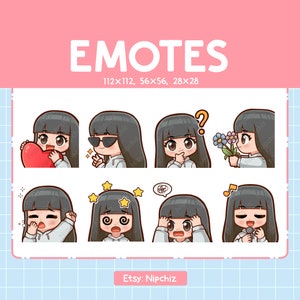 Kawaii Chibi Girl Emotes | 8 Cute Emotes for Streaming | Straight Black Hair with Bangs | Brown Eyes