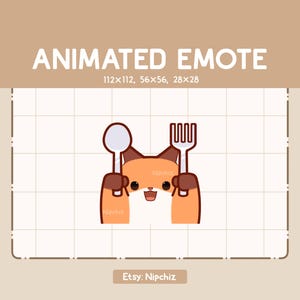 Könnte beinhalten: Ein animiertes Emote mit einem Cartoon-Fuchs, der einen Löffel und eine Gabel hält. Der Fuchs ist orange und weiß mit braunen Armen. Der Text "ANIMATED EMOTE" steht oben, mit Größenangaben. Der Etsy-Shop-Name "Nipchiz" steht unten.