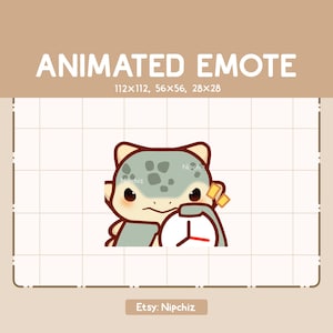 May include: An animated emote featuring a cartoon character with a light green and gray color scheme, holding a clock. The text "ANIMATED EMOTE" is at the top, with size dimensions below. The Etsy shop name "Nipchiz" is at the bottom.