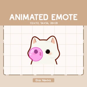 Animated Emote Chibi White Cat is Chewing a Bubblegum / Kawaii Cartoon Emote / Chibi Emote For Streamer / Ready to Use