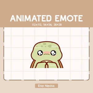 May include: Animated green turtle emote with big eyes and a sad expression. The turtle is holding its hands together in front of its chest. The emote is available in three sizes: 112x112, 56x56, and 28x28.