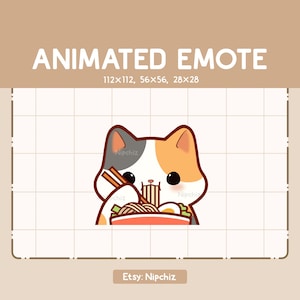 Animated Emote Cute Calico Cat is Eating Ramen Noodles - Chibi Cartoon Emote - Ready to Use - Funny Emote