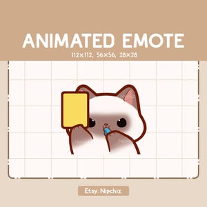 Emote animé Chibi chat siamois soufflant dans un sifflet et tenant un carton jaune / Emote drôle mignon / Emote adorable kawaii / Prêt à l'emploi