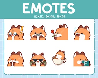May include: A set of nine fox emoticons in various poses, including surprised, shy, blushing, and holding a rose. The emoticons are in a grid format with the text "EMOTES 112x112, 56x56, 28x28" above the grid and "Etsy: Nipchiz" below the grid.