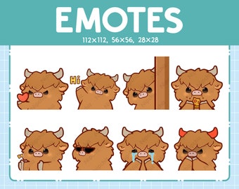 Highland Cow Emotes 8 Pack / Chibi Highland Cow Emotes for Streamer / Kawaii Emoji Set