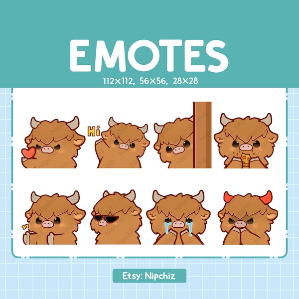 Highland Cow Emotes 8 Pack / Chibi Highland Cow Emotes for Streamer / Kawaii Emoji Set