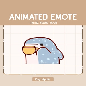 Geanimeerde emote Walvishaai nipt van een kopje thee / Cartoon chibi-emote / Klaar voor gebruik / Schattige emote