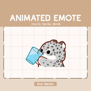 Animated Emote Chibi Snow Leopard is Drinking a Glass Of Water - Kawaii Funny Emote - Cartoon Chibi Emote