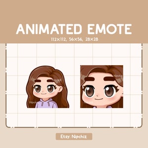 Geanimeerde emote meisje lang steil bruin haar trekt dikke wenkbrauwen op / Cartoon chibi-emote / Klaar voor gebruik