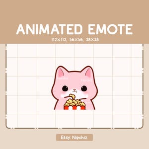 Animated Emote Pink Cat is Eating a Cup of Popcorn - Adorable Cartoon Emote - Chibi Kawaii Emote - Ready to Use