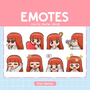 Kawaii Chibi Girl Emotes | 8 Cute Emotes for Streaming | Straight Red Hair with Bangs | Brown Eyes