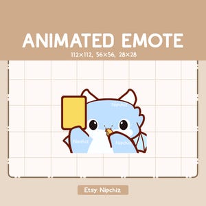 Emote animée Adorable dragon bleu Chibi qui souffle dans un sifflet et tient un carton jaune - Emote drôle kawaii - Adorable emote