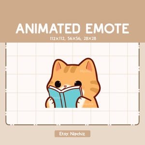 Animated Emote Adorable Orange Tabby Cat is Reading a Book / Kawaii Cartoon Emote / Chibi Emote For Streamer / Ready to Use