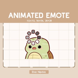 Puede incluir: Ilustración digital de un emote animado de una tortuga verde con caparazón marrón. La tortuga tiene grandes ojos negros y una expresión neutra. Hay muestras de color encima. El texto dice "ANIMATED EMOTE".