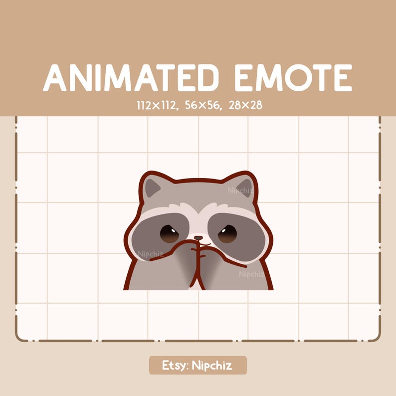 May include: Animated emote of a raccoon with grey fur, brown eyes, and a black nose. The raccoon is covering its face with its paws. The emote is available in three sizes: 112x112, 56x56, and 28x28.