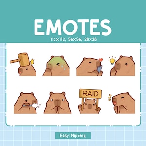 Emotes Capybara | 8 uroczych emotikonów do streamingu | Cyfrowe | Zestaw emotikonów Chibi Capybara