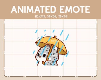 May include: Animated emote of a cartoon snow leopard sheltering under a yellow umbrella in the rain. The image includes the text "ANIMATED EMOTE" and "Etsy: Nipchiz". This emote is designed for digital use.