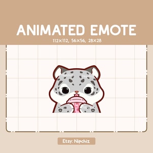 Adorable Chibi Snow Leopard Sipping Boba Animated Emote - Kawaii Funny Emote - Adorable Emote